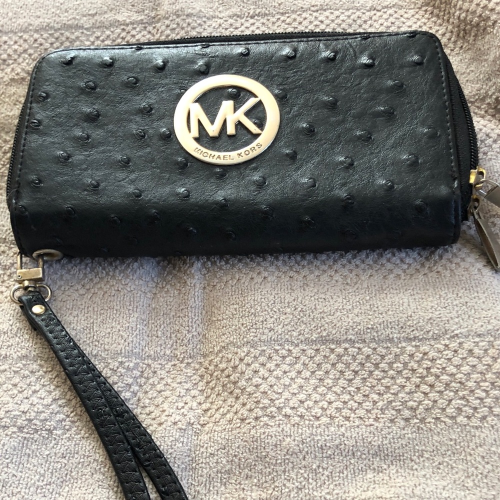 Michael Kors Black Textured Leather Wristlet with Gold MK Medallion